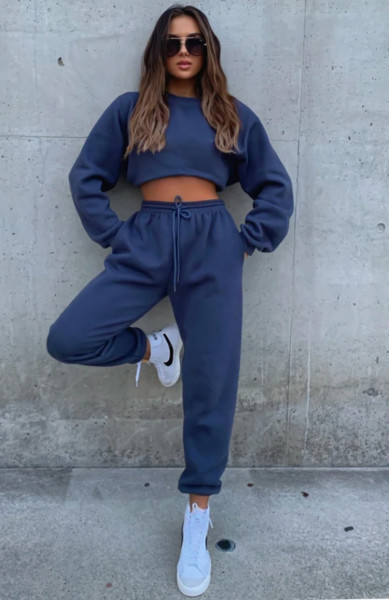 Solid round neck pullover pants for women's fashion casual long sleeved sweater set