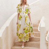 Women's beach dress, slim fit, large hem, four sided stretch printed long skirt