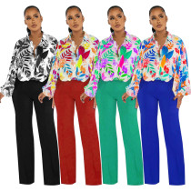 Women's lantern sleeves, chiffon printed sun protection top, solid color pants set