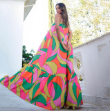 Deep V Open Back Dress Bohemian Floral Strap Long Dress