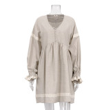 Cotton linen French dress temperament commuting V-neck lantern sleeve loose fitting dress
