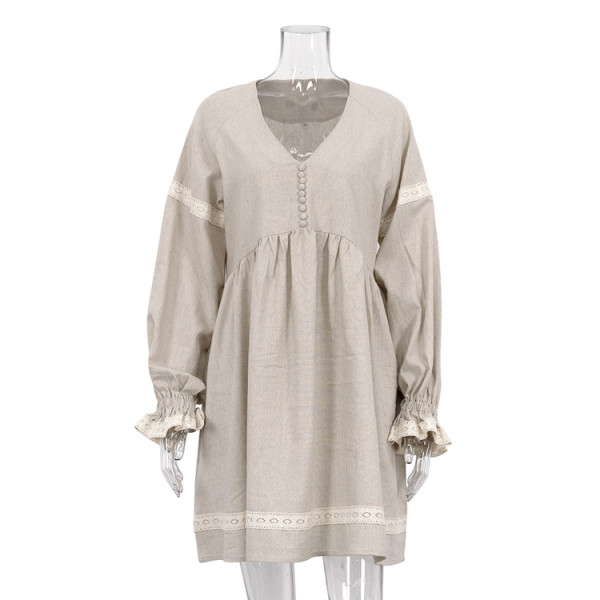 Cotton linen French dress temperament commuting V-neck lantern sleeve loose fitting dress