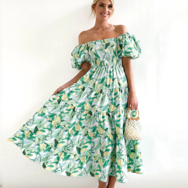 Bohemian printed off shoulder holiday style sexy loose fitting dress