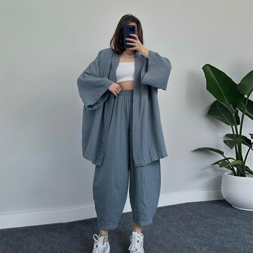Casual long sleeved cardigan jacket with 9/4 high waist wide leg pants temperament two-piece set