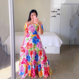 Off shoulder floral fashion off shoulder long printed skirt