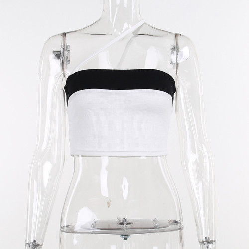 One shoulder color contrast bra hot girls short Crop top versatile knitting vest