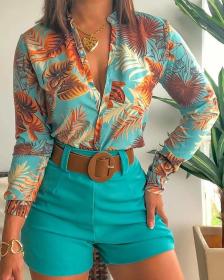 Casual Set Light Mature Long Sleeve Printed Standing Neck Shirt Women's Shorts Two Piece Set