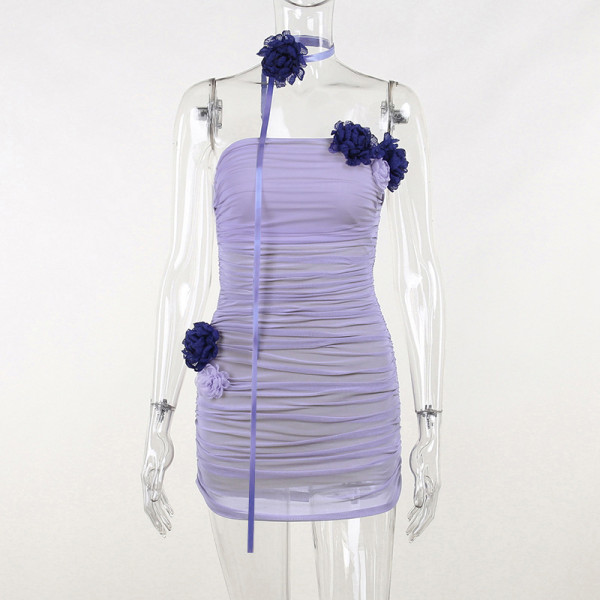 Mesh Contrast Flower Bra Neck Strap Dress