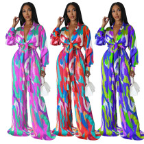 Women's simulated silk print deep V lace up long sleeved pleated pants set