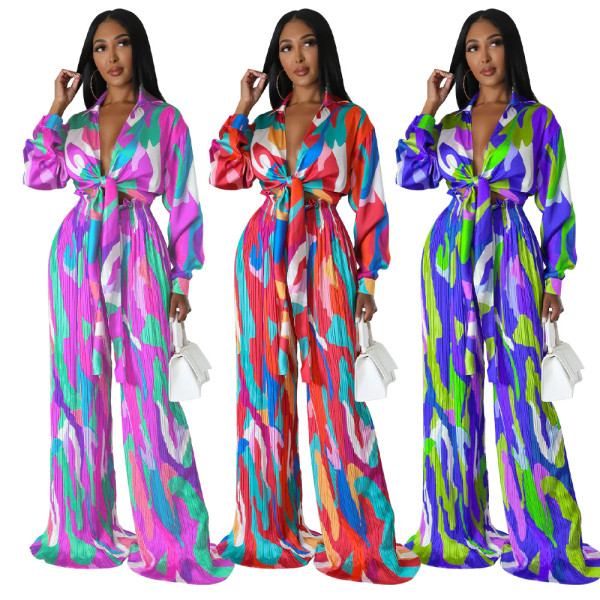 Women's simulated silk print deep V lace up long sleeved pleated pants set