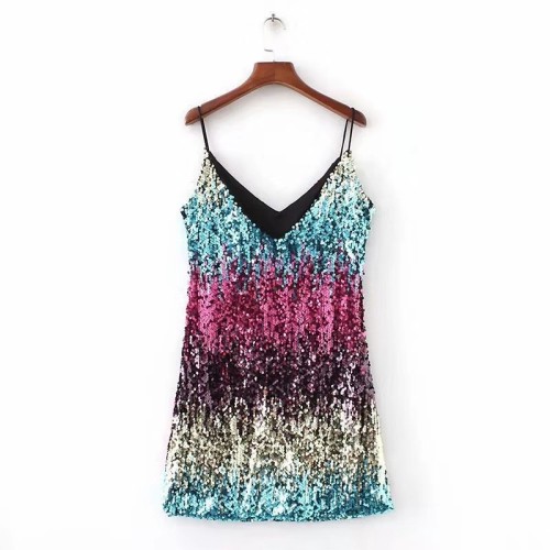 Dress Sleeveless Sexy Short Skirt Sequin V-neck Strap Short Skirt