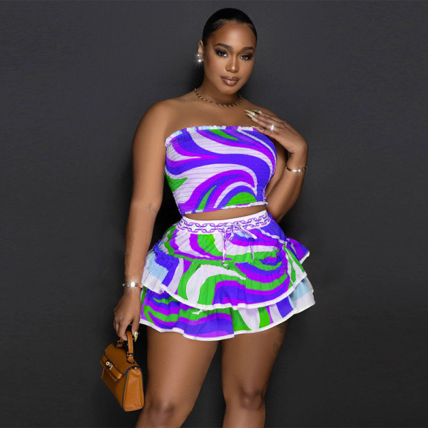 Sexy Sleeveless Open Back Short Dress Printed Two Piece Set