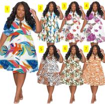 Printed lapel single breasted oversized women's fashion casual short sleeved shirt dress