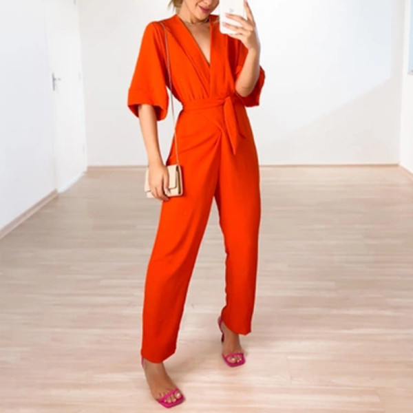 Solid loose size V-neck short sleeved tied waist straight tube women's jumpsuit
