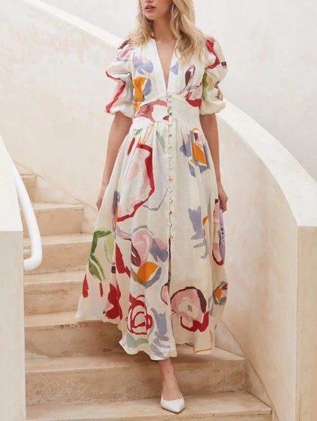 Women's beach dress, slim fit, large hem, four sided stretch printed long skirt