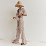 Printed Set Short Sleeve Shirt Lace up High Waist Pants Casual Two Piece Set
