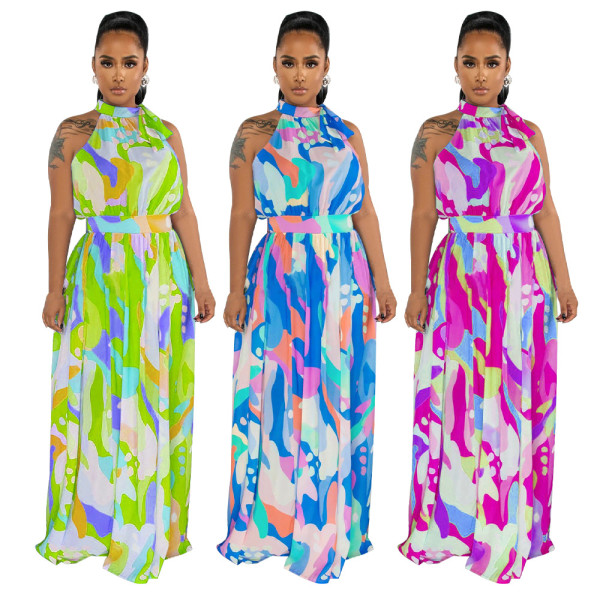 Printed Sleeveless Waist Wrap Dress