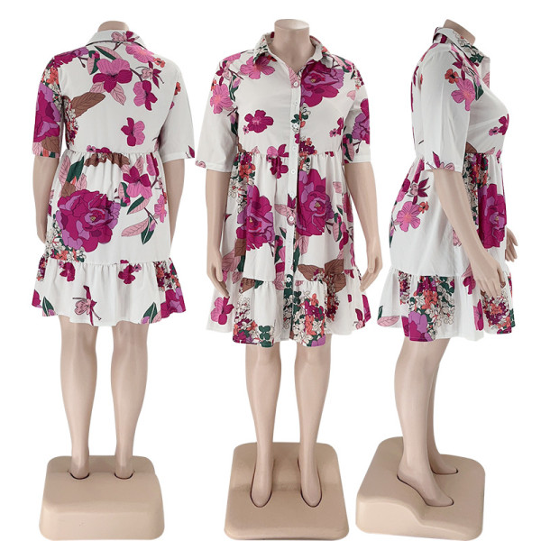 Printed lapel single breasted oversized women's fashion casual short sleeved shirt dress