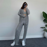 Premium Grey Long sleeved Shirt Strap Wide Leg Pants Casual Three Piece Set