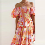 Bohemian printed off shoulder holiday style sexy loose fitting dress