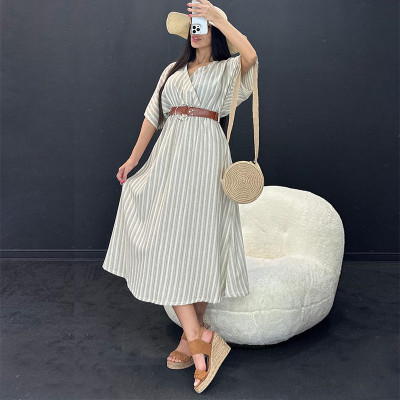 Temperament striped V-neck short sleeved belt with waistband and split middle length dress including belt