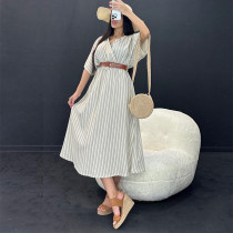 Temperament striped V-neck short sleeved belt with waistband and split middle length dress including belt Temperament striped V-neck short sleeved belt with waistband and split middle length dress including belt