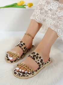 Women's shoes with leopard print and wide band metal chain flat bottomed slippers