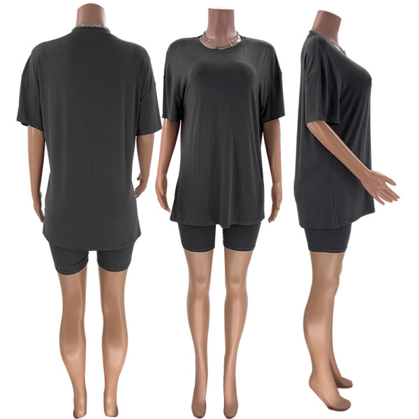 Solid color short sleeved round neck pullover top urban casual shorts fashion set