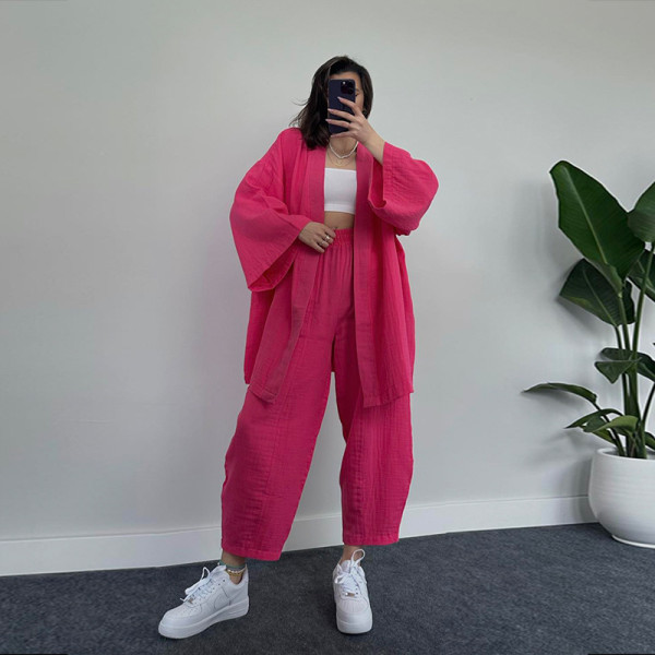 Casual long sleeved cardigan jacket with 9/4 high waist wide leg pants temperament two-piece set