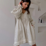 Cotton linen French dress temperament commuting V-neck lantern sleeve loose fitting dress