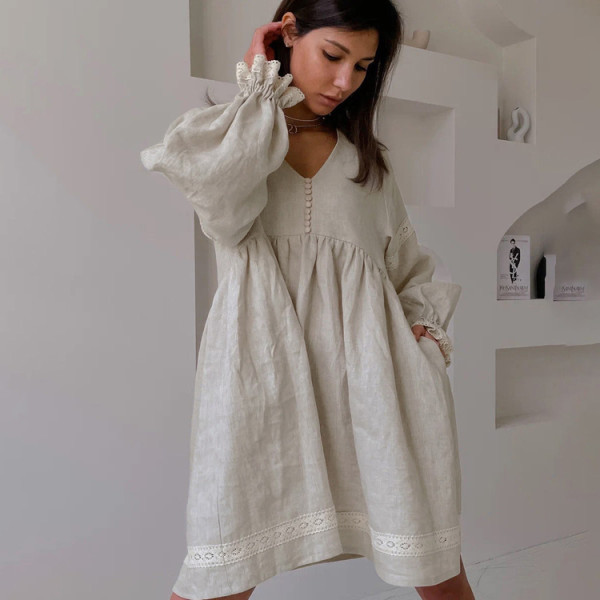 Cotton linen French dress temperament commuting V-neck lantern sleeve loose fitting dress