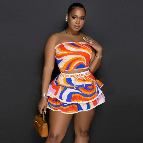 Sexy Sleeveless Open Back Short Dress Printed Two Piece Set