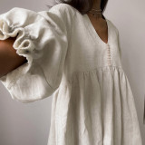 Cotton linen French dress temperament commuting V-neck lantern sleeve loose fitting dress