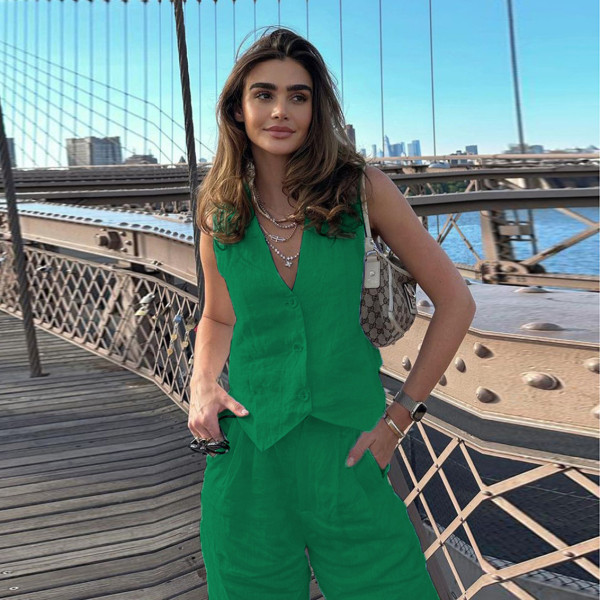 Cotton linen sleeveless vest vest vest pants two-piece women's casual fashion set