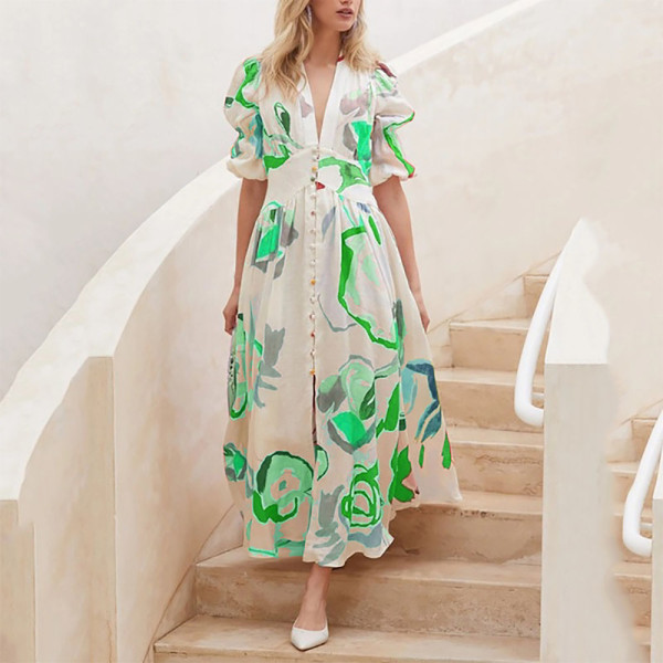Women's beach dress, slim fit, large hem, four sided stretch printed long skirt