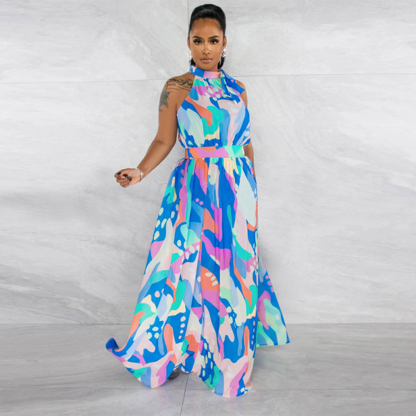 Printed Sleeveless Waist Wrap Dress