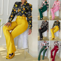 Casual Set Printed Standing Neck Long Sleeve Shirt Top Wide Leg Pants Two Piece Set with Belt Casual Set Printed Standing Neck Long Sleeve Shirt Top Wide Leg Pants Two Piece Set with Belt