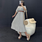 Temperament striped V-neck short sleeved belt with waistband and split middle length dress including belt