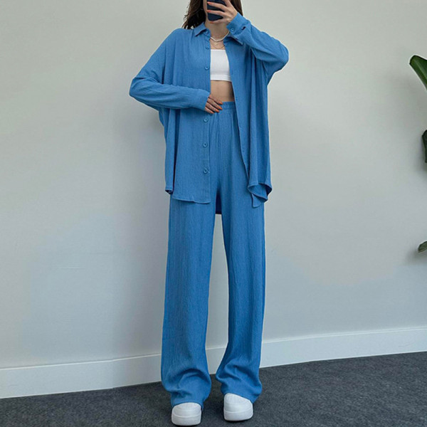 Temperament solid color long sleeved shirt jacket wide leg pants casual two-piece set