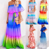 Wrapped chest print gradient large swing dress