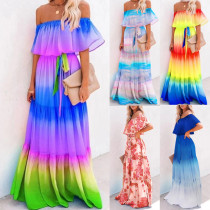 Wrapped chest print gradient large swing dress