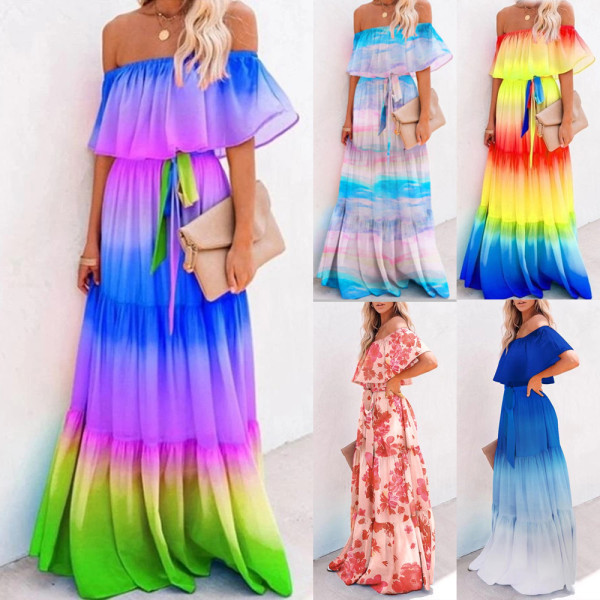 Wrapped chest print gradient large swing dress