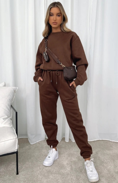 Solid round neck pullover pants for women's fashion casual long sleeved sweater set