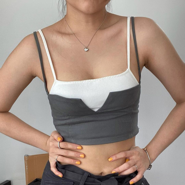 Knitted suspender color contrast fake two piece short tank top temperament slim fitting versatile T-shirt