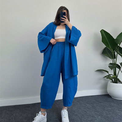 Casual long sleeved cardigan jacket with 9/4 high waist wide leg pants temperament two-piece set