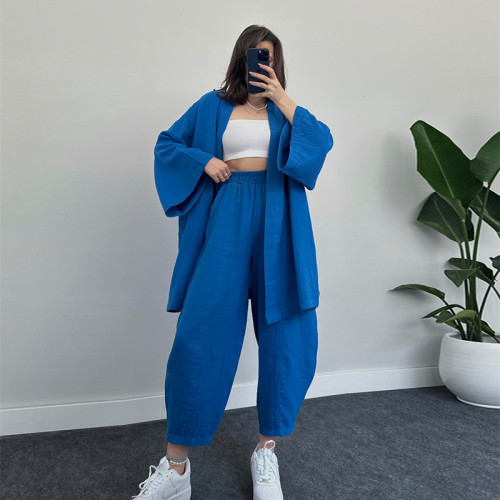 Casual long sleeved cardigan jacket with 9/4 high waist wide leg pants temperament two-piece set