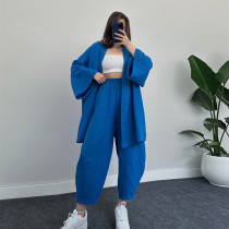 Casual long sleeved cardigan jacket with 9/4 high waist wide leg pants temperament two-piece set Casual long sleeved cardigan jacket with 9/4 high waist wide leg pants temperament two-piece set