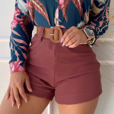 Casual Set Light Mature Long Sleeve Printed Standing Neck Shirt Women's Shorts Two Piece Set