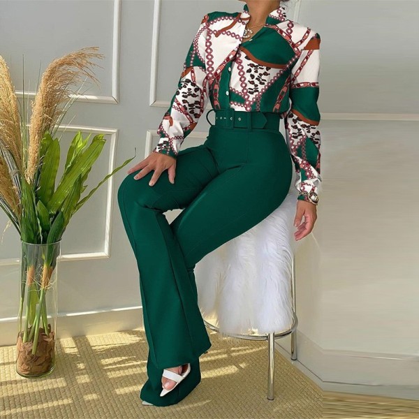 Casual Set Printed Standing Neck Long Sleeve Shirt Top Wide Leg Pants Two Piece Set with Belt