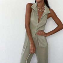 Solid sleeveless shirt, high waisted pants, pleated set